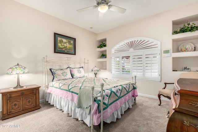 bedroom with light colored carpet and ceiling fan