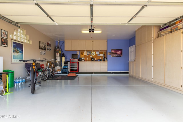 garage featuring a garage door opener and water heater