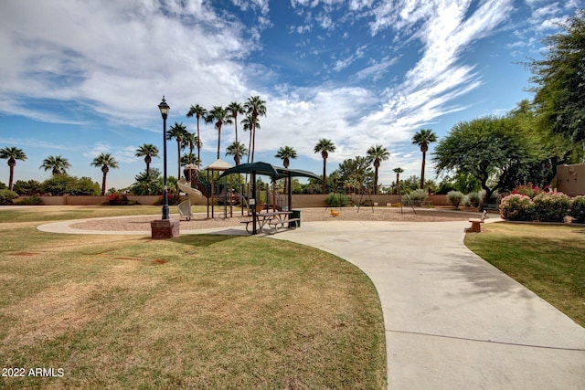 view of community featuring a lawn and a playground