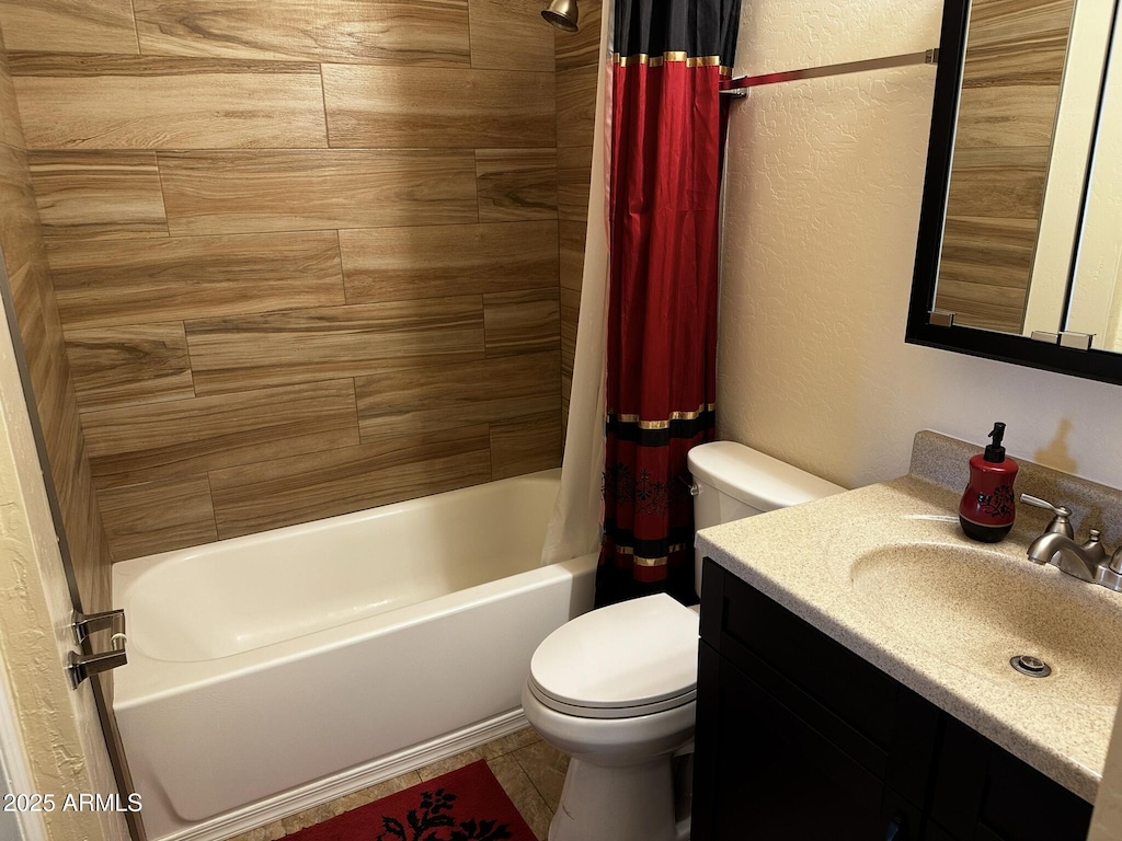 full bath with toilet, shower / tub combo with curtain, and vanity