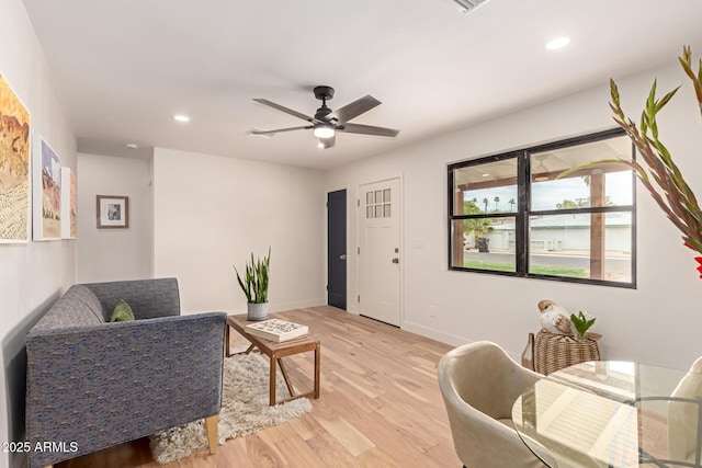 5612 N 9th St, Phoenix, AZ 85014 - living room featuring a ceiling fan, light wood-type flooring, recessed lighting, and baseboards