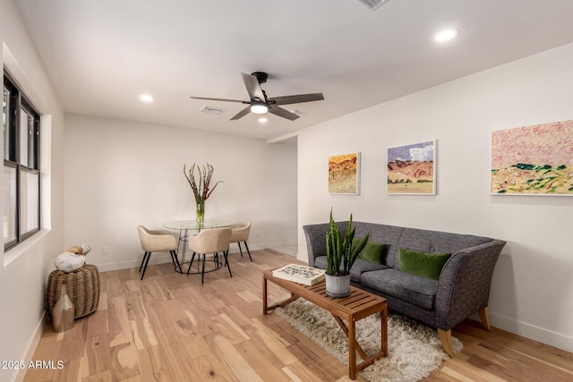 5612 N 9th St, Phoenix, AZ 85014 - living room featuring light wood finished floors, baseboards, ceiling fan, and recessed lighting