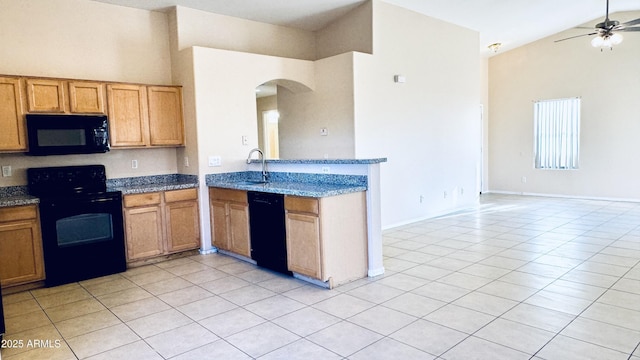 1630 W Pecan Rd, Phoenix, AZ 85041 - kitchen featuring black appliances, arched walkways, a ceiling fan, light tile patterned flooring, and light stone counters