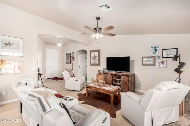 living room with lofted ceiling and ceiling fan