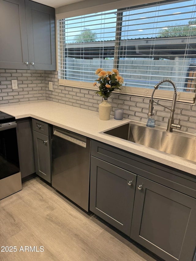 kitchen with backsplash, stainless steel appliances, and a sink