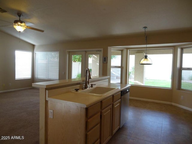 kitchen with stainless steel dishwasher, a ceiling fan, a healthy amount of sunlight, and a sink