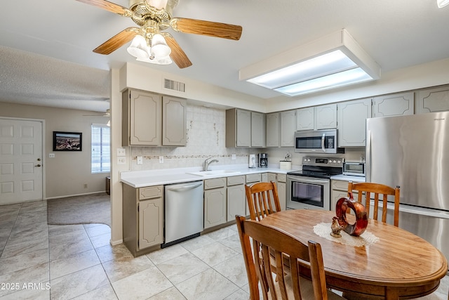 kitchen featuring ceiling fan, appliances with stainless steel finishes, gray cabinetry, decorative backsplash, and sink