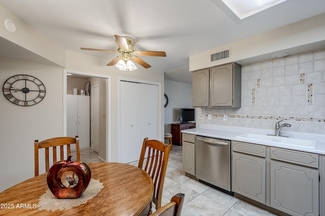 kitchen with ceiling fan, gray cabinetry, backsplash, stainless steel dishwasher, and sink