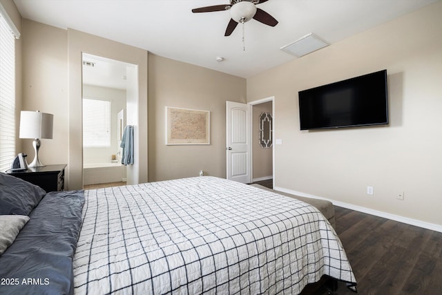 bedroom featuring dark wood-type flooring, baseboards, multiple windows, and ceiling fan
