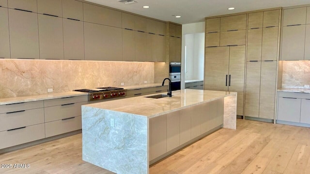 13206 E Buckskin Trl, Scottsdale, AZ 85255 - kitchen with modern cabinets, a sink, light wood-style flooring, appliances with stainless steel finishes, and tasteful backsplash