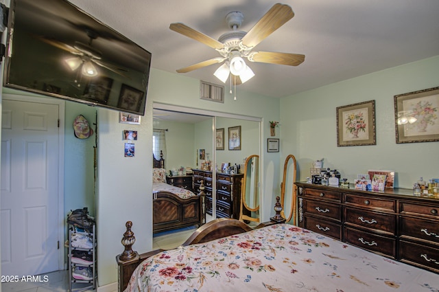 bedroom with ceiling fan and a closet