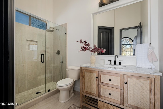 bathroom with vanity, a shower with shower door, and toilet