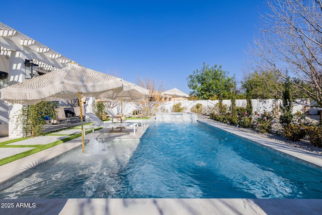 view of swimming pool with a pergola and pool water feature