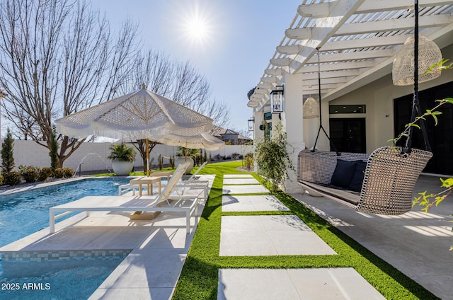 view of pool featuring a pergola, a patio area, and pool water feature