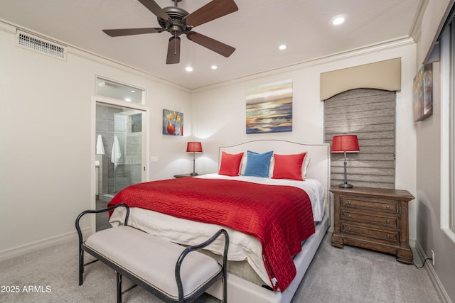 bedroom with light carpet, ensuite bath, ornamental molding, and ceiling fan