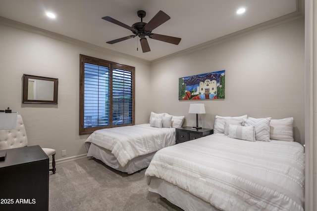 bedroom with crown molding, light carpet, and ceiling fan