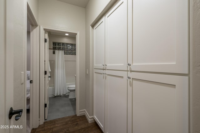 hallway with dark wood-type flooring