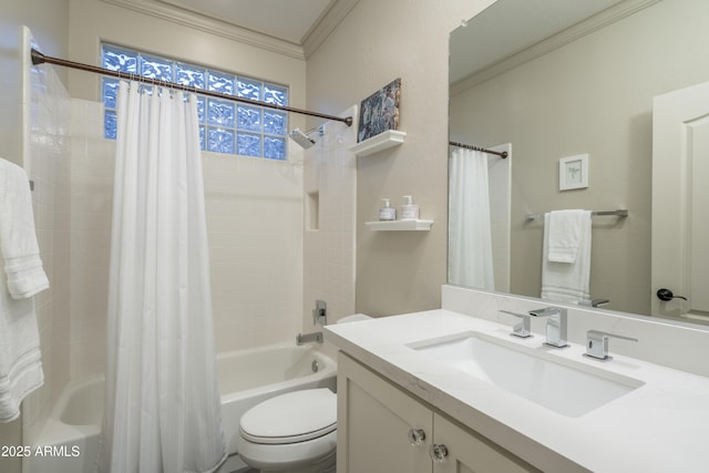 full bathroom featuring crown molding, vanity, shower / bath combination with curtain, and toilet