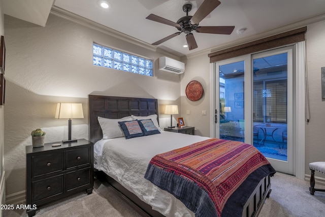 bedroom with ornamental molding, an AC wall unit, access to outside, and light colored carpet