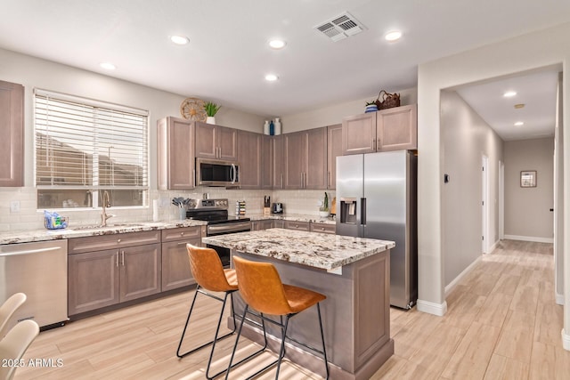 139 E Gail Dr, Gilbert, AZ 85296 - kitchen featuring appliances with stainless steel finishes, a sink, decorative backsplash, a breakfast bar area, and light wood-type flooring