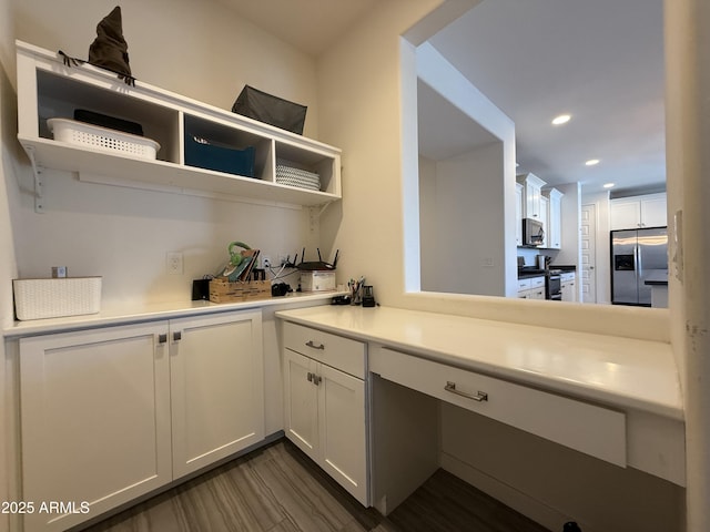 2727 N Acacia Way, Buckeye, AZ 85396 - kitchen featuring stainless steel appliances, open shelves, white cabinets, recessed lighting, and light countertops