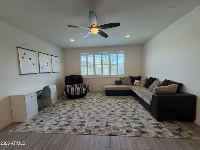 2727 N Acacia Way, Buckeye, AZ 85396 - living room with a desk, a ceiling fan, recessed lighting, baseboards, and light wood-style flooring