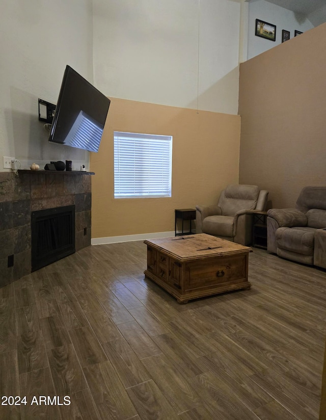 living room featuring high vaulted ceiling, dark hardwood / wood-style floors, and a fireplace