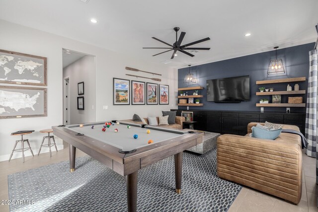 playroom with ceiling fan, light tile patterned floors, and billiards