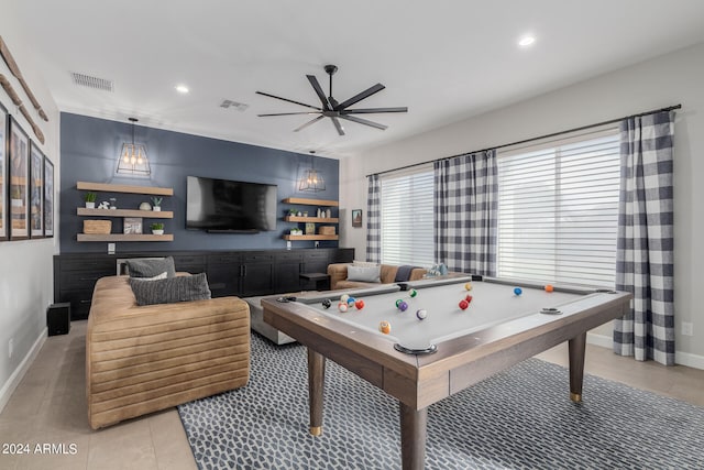 playroom with ceiling fan, light tile patterned floors, and pool table