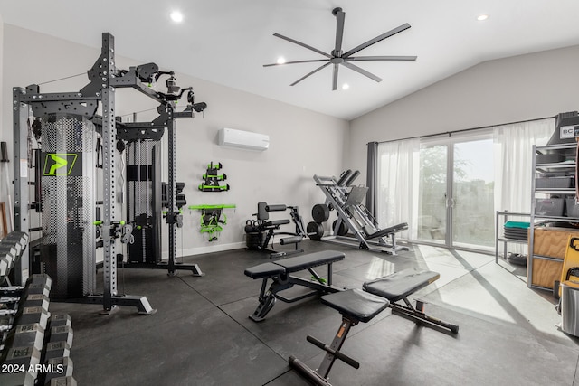 exercise room featuring ceiling fan, lofted ceiling, and a wall unit AC