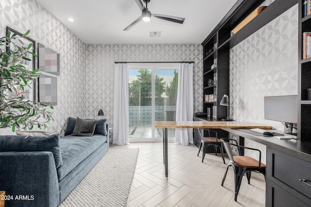 office area featuring ceiling fan and light parquet floors