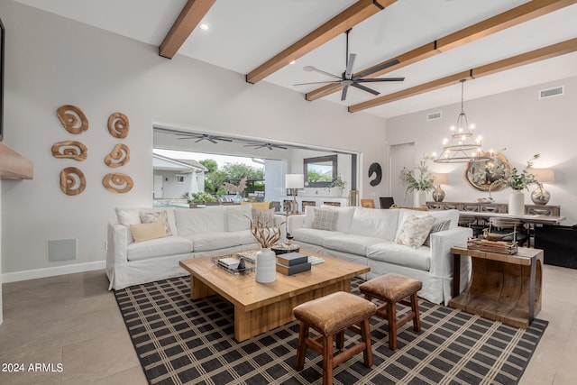 living room with beamed ceiling and an inviting chandelier