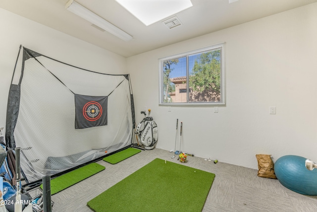 playroom with golf simulator and carpet floors