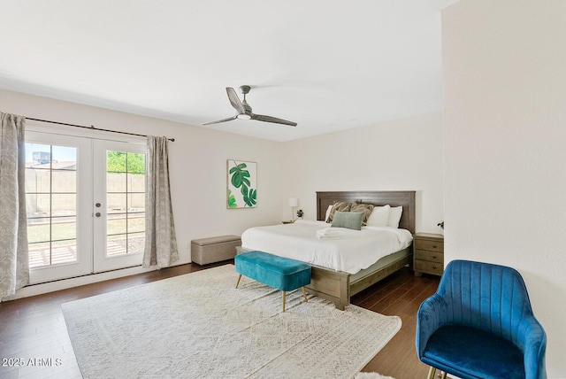 5912 E Wethersfield Rd, Scottsdale, AZ 85254 - bedroom with access to exterior, dark wood finished floors, french doors, and a ceiling fan