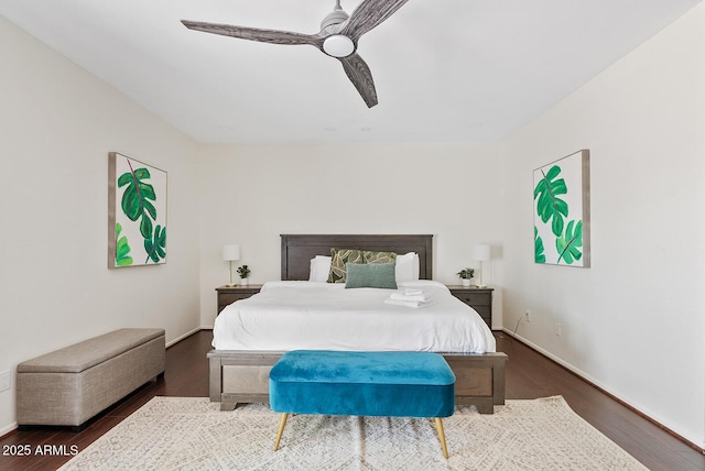 5912 E Wethersfield Rd, Scottsdale, AZ 85254 - bedroom with dark wood-style flooring and a ceiling fan
