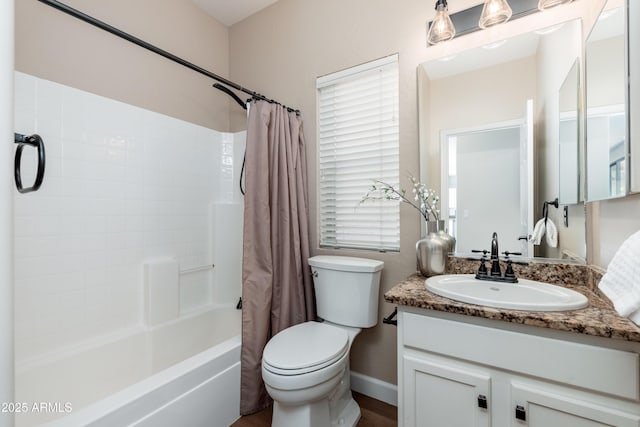 full bath with toilet, shower / bath combination with curtain, and vanity