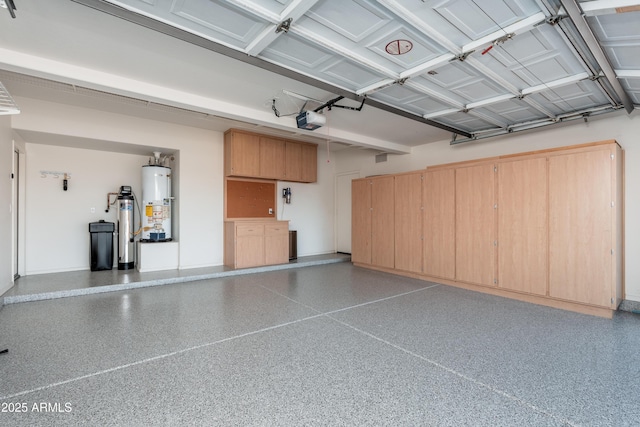 garage featuring a garage door opener, gas water heater, and baseboards