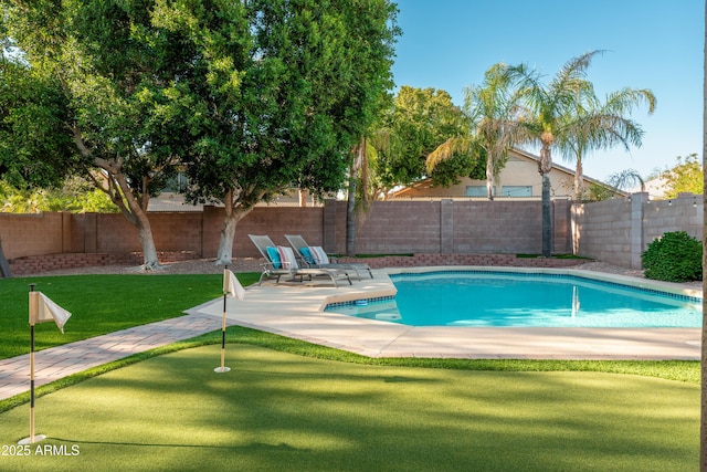 view of pool with a putting area and a patio