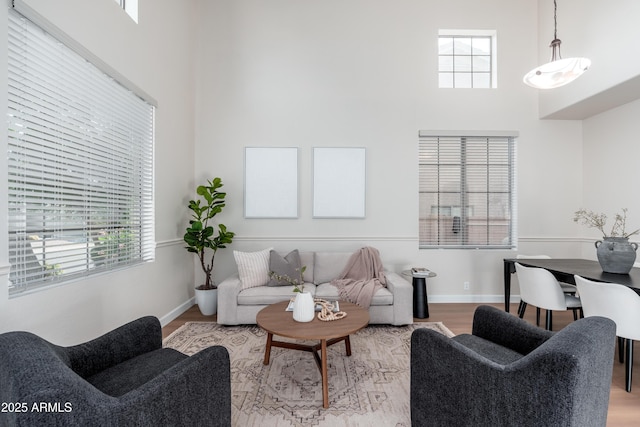 living area featuring a high ceiling, wood finished floors, and baseboards