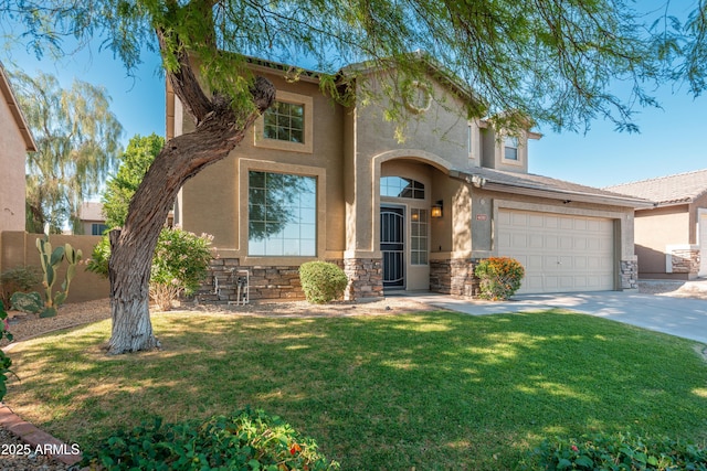 view of front of property with stone siding, stucco siding, driveway, and an attached garage