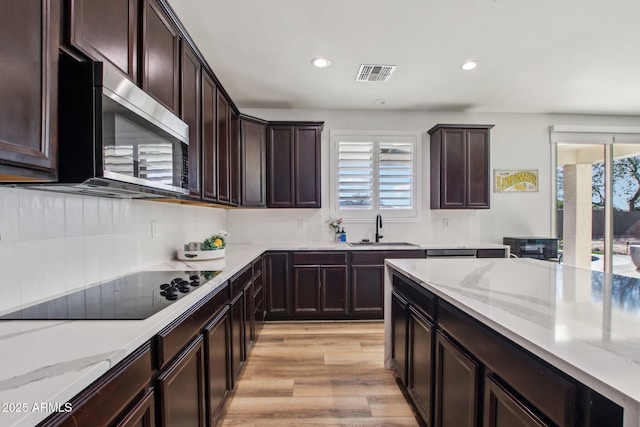 kitchen featuring light stone countertops, sink, black electric cooktop, and light hardwood / wood-style flooring