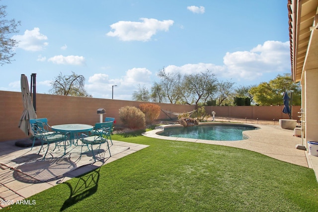 view of swimming pool featuring a patio and a yard