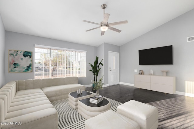 1055 E Ingram St, Mesa, AZ 85203 - living room with vaulted ceiling, a ceiling fan, and dark wood-type flooring