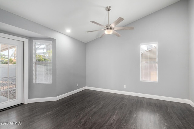1055 E Ingram St, Mesa, AZ 85203 - unfurnished room with vaulted ceiling, dark wood-style flooring, and a ceiling fan