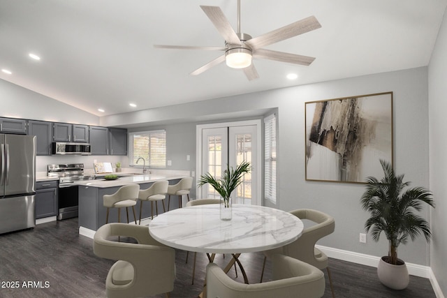 1055 E Ingram St, Mesa, AZ 85203 - dining area with dark wood-type flooring, vaulted ceiling, recessed lighting, and a ceiling fan