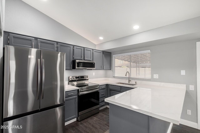 1055 E Ingram St, Mesa, AZ 85203 - kitchen with appliances with stainless steel finishes, a peninsula, dark wood-type flooring, lofted ceiling, and light countertops