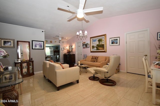 living room featuring lofted ceiling, ceiling fan with notable chandelier, and baseboards