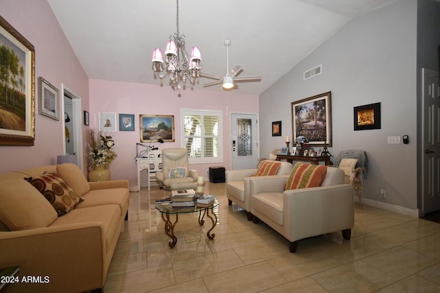 living room featuring a notable chandelier, lofted ceiling, visible vents, light tile patterned flooring, and baseboards