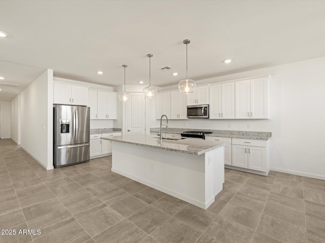 kitchen with white cabinets, visible vents, stainless steel appliances, recessed lighting, and a sink
