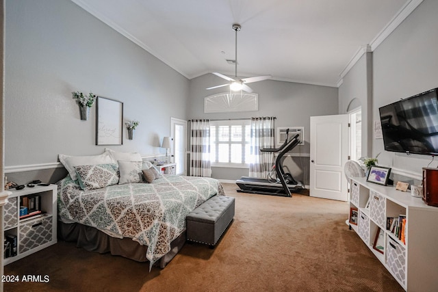 bedroom with crown molding, high vaulted ceiling, carpet flooring, and ceiling fan